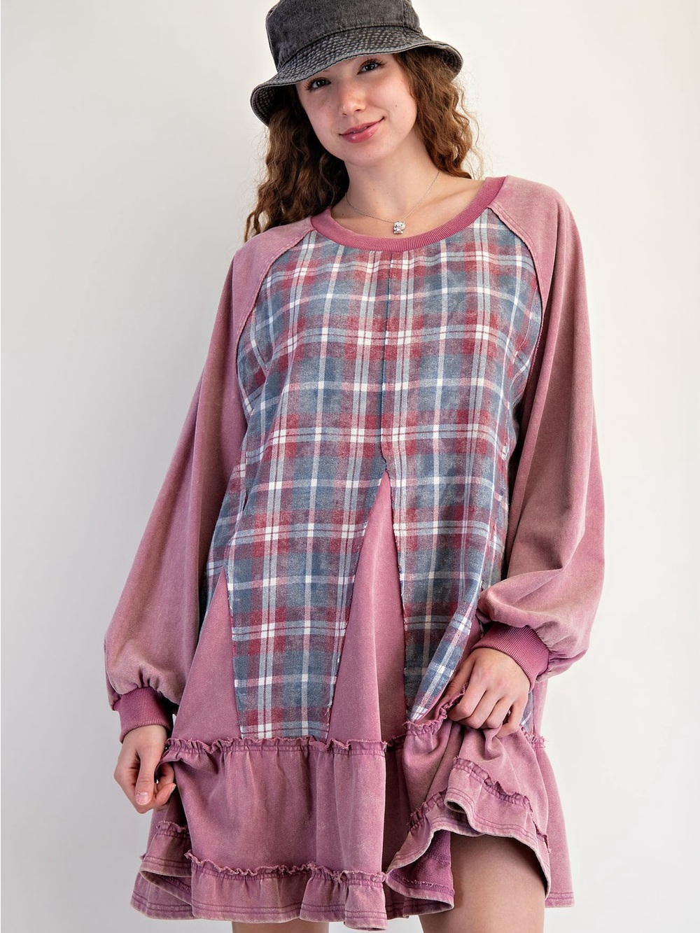 544. Easel plaid washed oversized dress pink blue